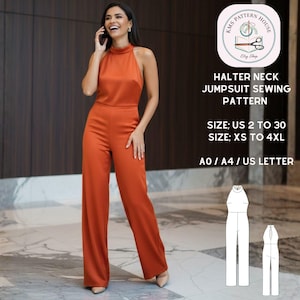 May include: An orange halter neck jumpsuit. The garment has a high neckline and wide legs. The image also includes a sewing pattern with the text "HALTER NECK JUMPSUIT SEWING PATTERN" and size information.