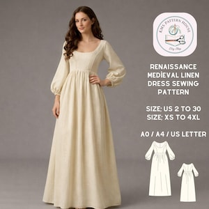 Renaissance Medieval Linen Dress Sewing Pattern: Fairy, Elf, & Regency Styles (Digital Download) US 2-30