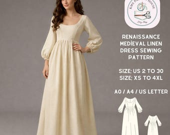 Modello di cucito per abito medievale in lino rinascimentale: stili fatato, elfo e Regency (download digitale) US 2-30