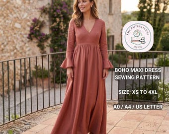 Boho Maxi Dress Sewing Pattern, Deep V Neck Ruffle Sleeve (Digital Download)
