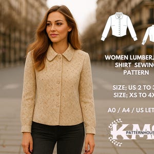 Puede incluir: Una mujer con una chaqueta beige abotonada con un patrón de pequeños puntos. La imagen incluye el texto "WOMEN LUMBERJACK SHIRT SEWING PATTERN" e información de tallas. La chaqueta tiene cuello redondo.