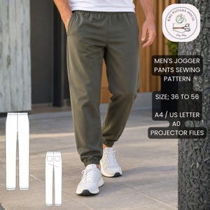 May include: Olive green jogger pants with an elastic waistband and cuffed ankles. The image includes text: KMS PATTERN HOUSE, JOGGER PANTS SEWING PATTERN, SIZE 36 TO 56, A4 / US LETTER, A0, PROJECTOR FILES, and two white line-art technical sketches.