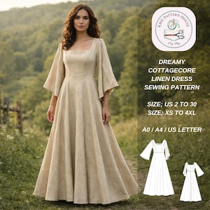 Patrón de costura para vestido largo de lino estilo cottagecore, con cuello cuadrado y mangas acampanadas (PDF)