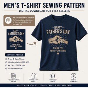 Puede incluir: Una camiseta azul marino con un gráfico de un choque de puños entre una mano adulta y una infantil, el texto HAPPY FATHER'S DAY THANK YOU FOR EVERYTHING y un pequeño corazón. La imagen incluye información sobre el patrón de costura.