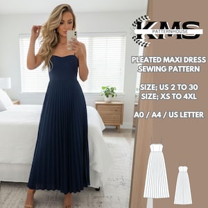 May include: A navy blue pleated maxi dress with spaghetti straps. The dress is floor-length and has a fitted bodice. The image also includes text that reads "PLEATED MAXI DRESS SEWING PATTERN" and size information.