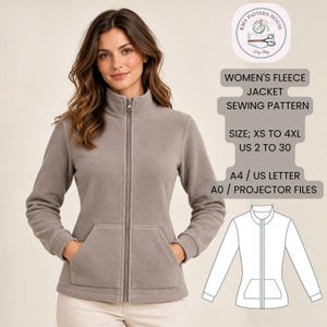 Può includere: Una giacca in pile color tortora con cerniera frontale, collo alto e due tasche anteriori. Il testo recita: KMS PATTERN HOUSE, FLEECE JACKET SEWING PATTERN, SIZE XS TO 4XL, US 2 TO 30, A4/US LETTER, A0/PROJECTOR FILES. Include un disegno tecnico.