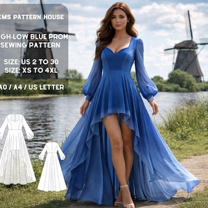 Op de afbeelding: Naaipatroon voor een blauwe high-low galajurk van KMS Pattern House. De jurk heeft lange mouwen en een zwierige rok. Beschikbare maten: US 2 tot 30, XS tot 4XL. Inclusief A0, A4 en US Letter formaten.