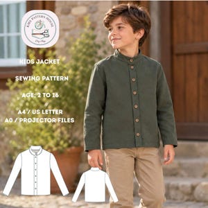 May include: A sewing pattern for a kids jacket featuring a dark olive green long-sleeve jacket with a mandarin collar and a front button placket. The image includes text: KMS PATTERN HOUSE, KIDS JACKET, SEWING PATTERN, AGE: 2 TO 16, A4 / US LETTER, A0 / PROJECTOR FILES.