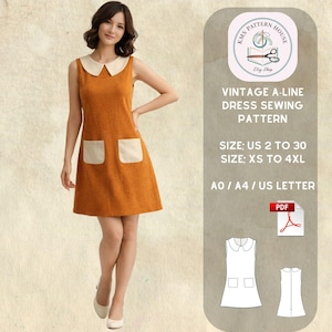 May include: An orange A-line dress with a cream-colored collar and pockets. The dress is sleeveless and has a vintage design. The image also includes a sewing pattern with the text "VINTAGE A-LINE DRESS SEWING PATTERN".