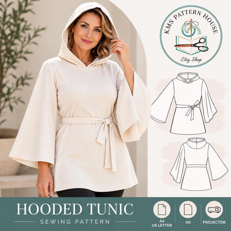 Hooded Tunic Sewing Pattern PDF With Flared Sleeves and Tie Belt - Etsy