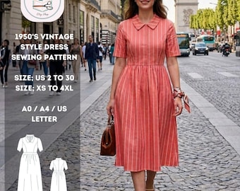 1950s Vintage Style Dress Sewing Pattern, Peter Pan Collar Midi Dress (Digital Download)