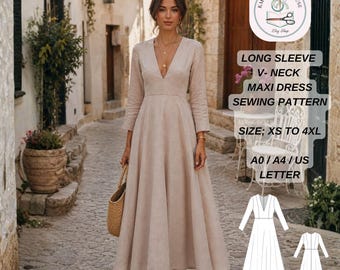 Elegantes Maxikleid mit V-Ausschnitt, lange Ärmel, tailliert und ausgestellt (Digitaler Download)