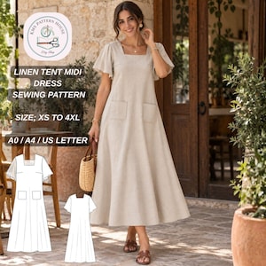 May include: A beige linen tent midi dress sewing pattern by KMS Pattern House. The dress features a square neckline, flutter sleeves, and two front patch pockets. The pattern includes sizes XS to 4XL and is available in A0, A4, and US Letter formats.