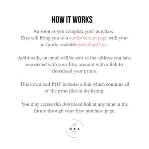 May include: White background with black text explaining the digital download process after purchase. The text includes instructions on how to access the download link and the email notification. The ORA Design logo is at the bottom.
