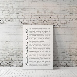 May include: A white canvas print against a brick wall. The print features the text "Lessons in Gentility, Anno 1860" in a script font, along with a lengthy passage about politeness and gentlemanly conduct.