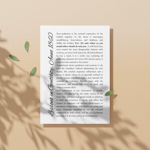 May include: A printed page with text from "Lessons in Gentility, Anno 1860" on a cream-colored background. The text is in black, with the title and date in a stylized font on the left side. Green leaf accents are scattered around the page.