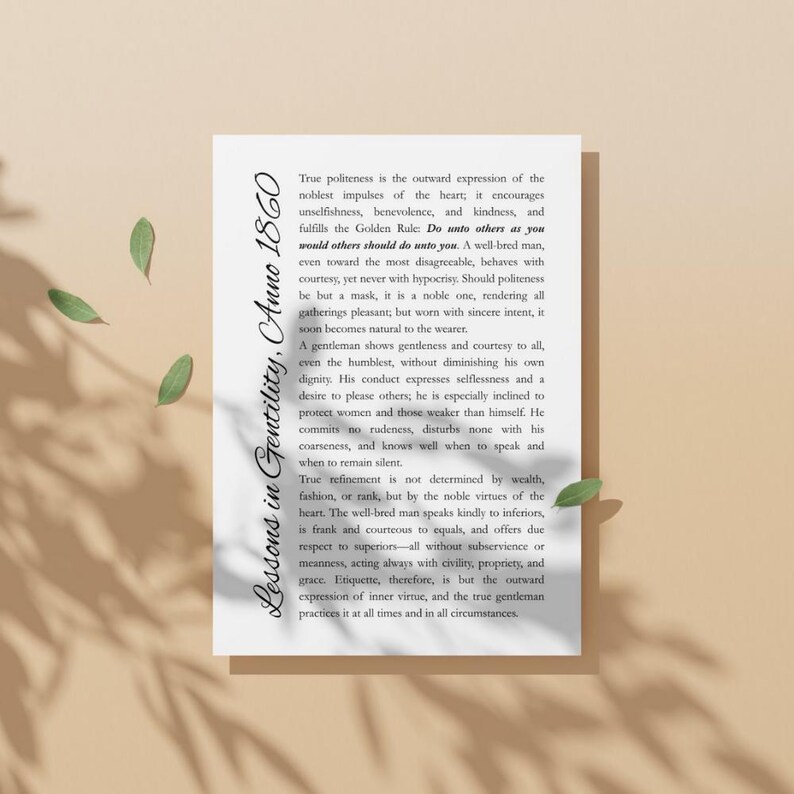 May include: A printed page with text from "Lessons in Gentility, Anno 1860" on a cream-colored background. The text is in black, with the title and date in a stylized font on the left side. Green leaf accents are scattered around the page.