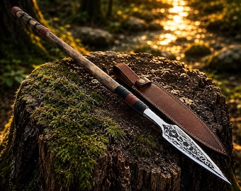 Lanza vikinga forjada a mano, hoja de acero al carbono grabada, mango de palisandro, funda de cuero, regalo para él.