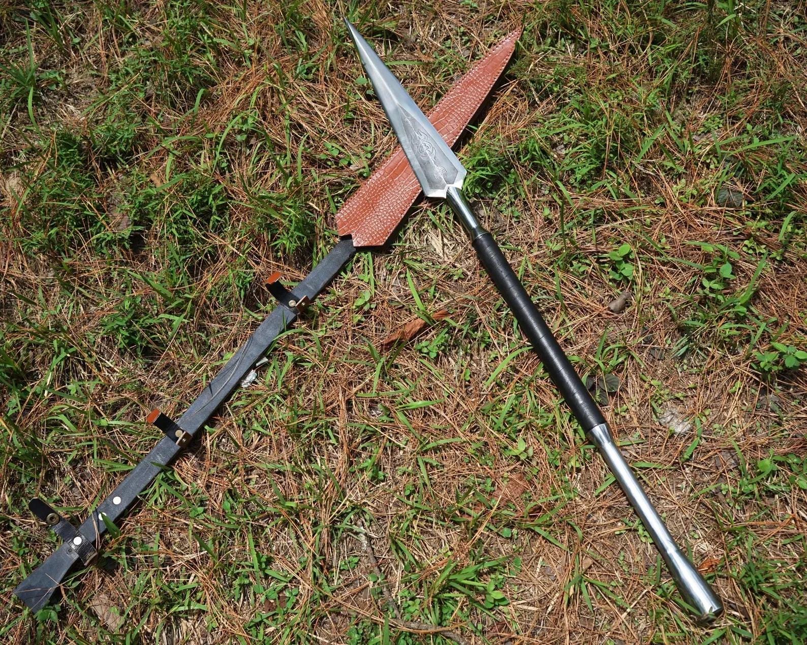 Hand Forged Carbon Steel Hunting Spear, Rosewood Handle, Leather