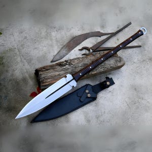 Hand-Forged Carbon Steel Spear – 32&quot; Long Rosewood Handle Collectible with Leather Sheath