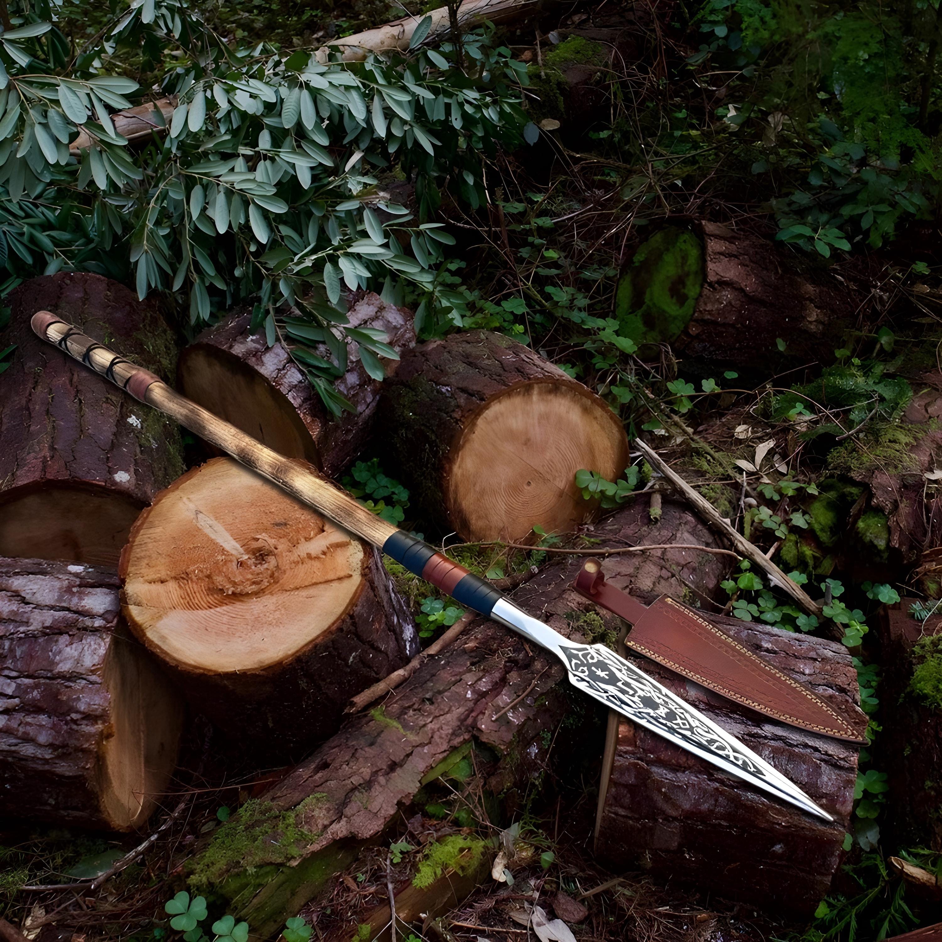 Hand Forged Viking Spear, Engraved Carbon Steel Blade, Rosewood