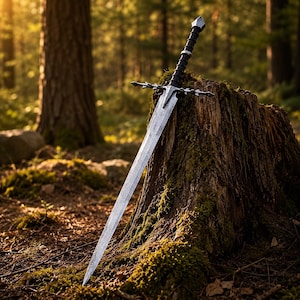 May include: A long, double-edged steel sword with a pointed tip, a cross-shaped guard with decorative spikes, and a black, ribbed cylindrical handle topped with a metallic pommel, resting against a weathered, moss-covered wooden tree stump.