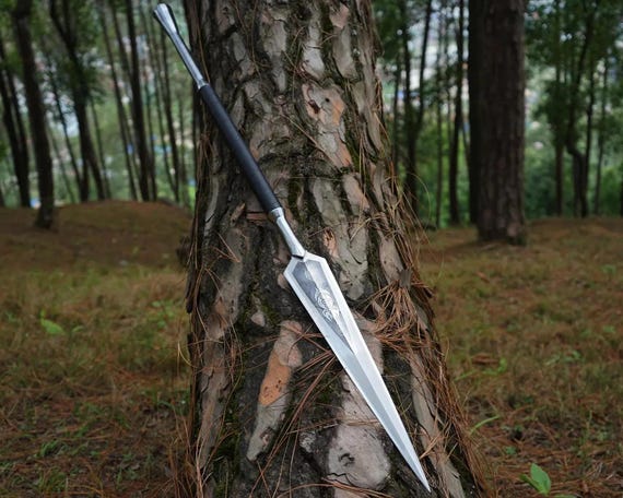 Hand Forged Carbon Steel Hunting Spear, Rosewood Handle, Leather
