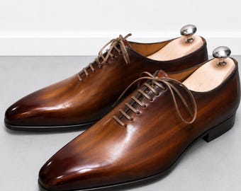 Brown Patina Handcrafted Leather Shoes Men Lace Up Dress Shoes