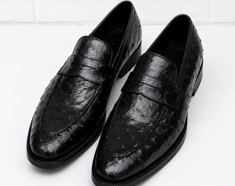 Struisvogelleren penny loafers voor heren Handgemaakte luxe instapschoenen