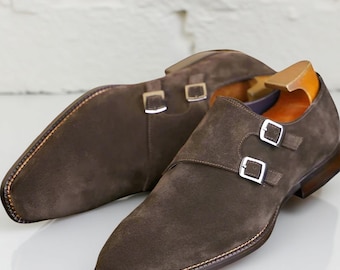 Brown Suede Double Monk Strap Shoes for Men  Handmade Leather Shoes