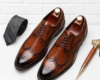 Men,s Handmade Brown Derby Wingtip Brogue Shoes for Men