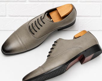 Men's Gray Leather Oxford Shoes Handmade Cap Toe Dress Shoes