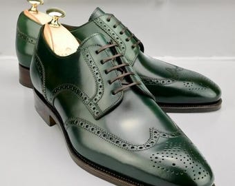 Men,s Handmade Green Derby Wingtip Brogue Shoes for Men Handmade