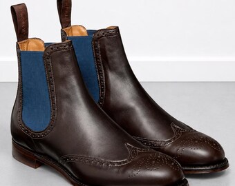 Men Handmade Black Wingtip Brouge Chelsea Boots  Men Leather Ankle Boots