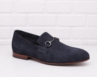 Men Navy Suede Horsebit Loafers Handmade Slip On Shoes Formal Casual Comfortable Classic