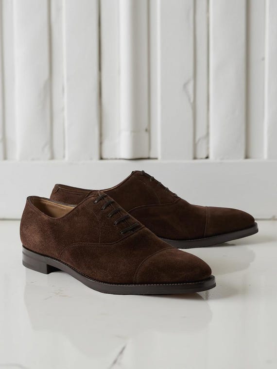 Dark Brown Suede Captoe Oxford Shoes for Men Handmade Lace Up Formal Office  Style