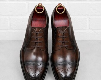Dark Brown Brogue Oxford Shoes Men Handmade Leather Formal Wedding Business Dress Footwear