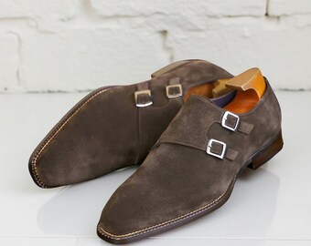 Brown Suede Double Monk Strap Shoes for Men  Handmade Leather Dress Shoes