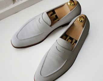 Men’s White Suede Penny Loafers  Handmade Slip On Dress Shoes