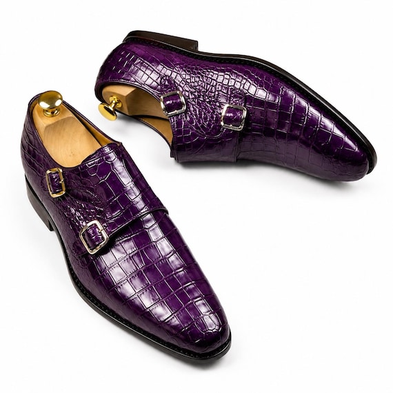 Purple Crocodile Texture Double Monk Strap Shoes for Men Handmade Leather Formal Shoes