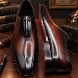 May include: A pair of leather dress shoes featuring a polished ombre finish that transitions from deep black at the toe to a rich mahogany brown. The shoes have a sleek, closed-lacing design and a distinctive bright red sole and heel base.