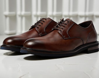 Zapatos Derby de cuero marrón para hombre, hechos a mano, con cordones, estilo formal para oficina o boda, cómodos.