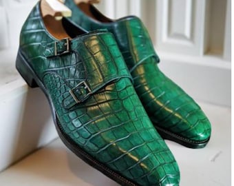 Green Crocodile Double Monk Strap Shoes Handmade Leather Dress Shoes Men
