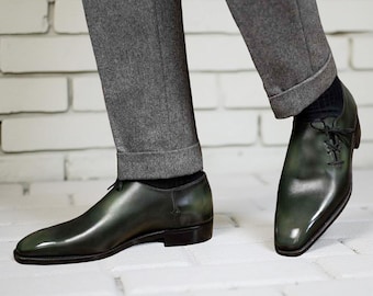 Green Wholecut Oxford Shoes Men Handmade Leather Formal Dress Shoes