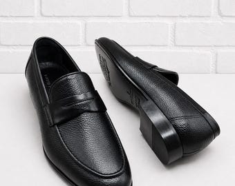 Black Pebbled Leather Penny Loafers for Men Handmade Formal Slip On Dress Shoes