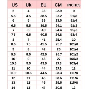 Pode incluir: Tabela de tamanhos de sapatos masculinos com convers&otilde;es para US, UK, EU, cm e polegadas. Os tamanhos variam de US 5 (22,9 cm, 9 polegadas) a US 16 (32,1 cm, 12 5/8 polegadas). Inclui tamanhos UK e EU.