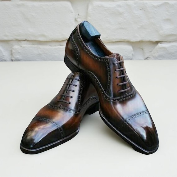 Dark Brown Hand-Painted Cap Toe Oxford Shoes for Men Handmade Leather Dress Shoes