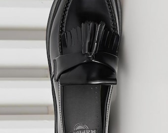 Czarne mokasyny z frędzlami dla mężczyzn, ręcznie robione, skórzane, wsuwane, formalne, klasyczne buty do biura