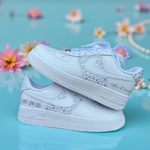 White Nike Air Force 1 with Pearls Luxury Custom Wedding Shoes