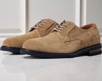 Beige Suede Derby Shoes for Men  Handmade Leather Lace Up Dress Shoes